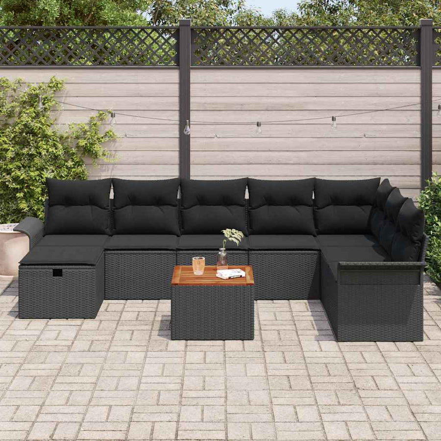 Tuinbankenset met kussen met opslag 9 pcs Zwart Poly riet