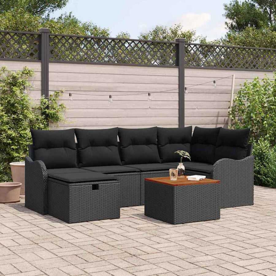 Tuinbankenset met kussen met opslag 7 pcs Zwart Poly riet