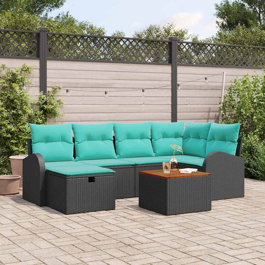 Tuinbankenset met kussen met opslag 7 pcs Zwart Poly riet