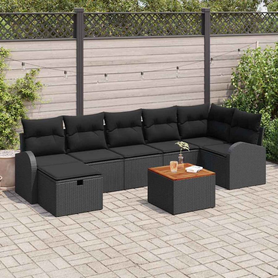 Tuinbankenset met kussen met opslag 8 pcs Zwart Poly riet