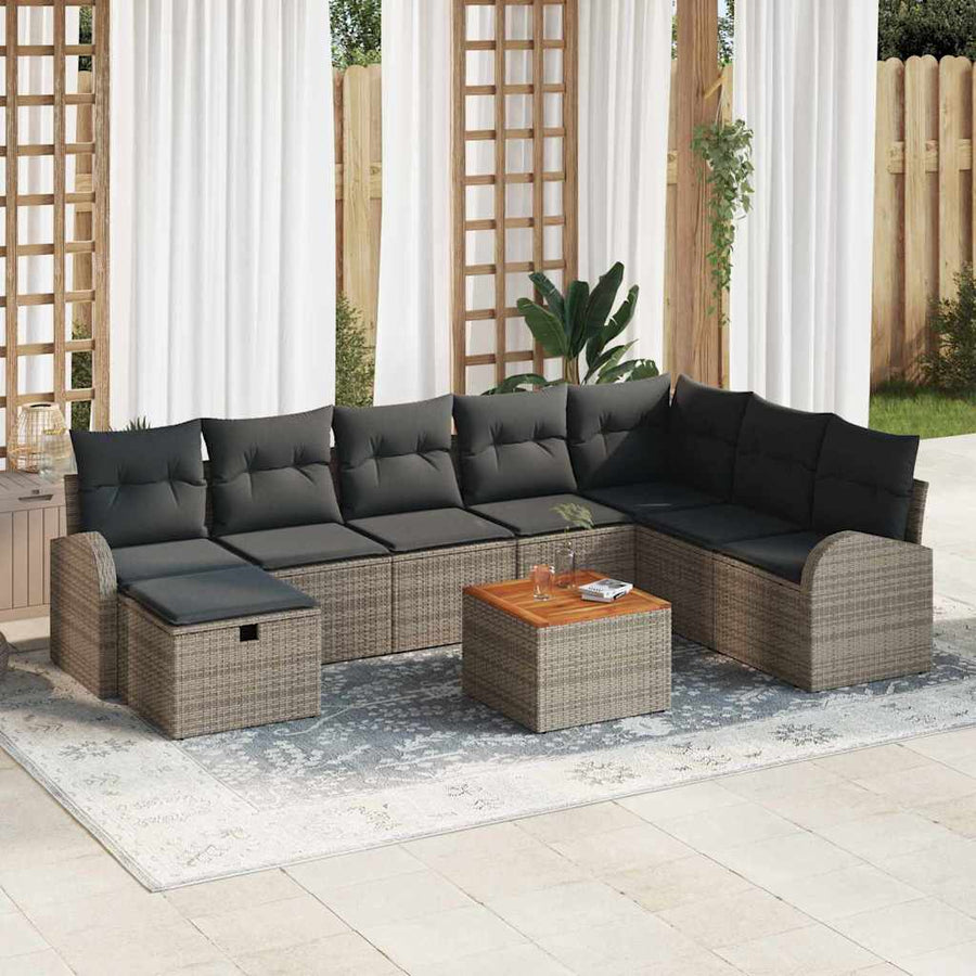 Tuinbankenset met kussen met opslag 9 pcs Grijs Poly riet