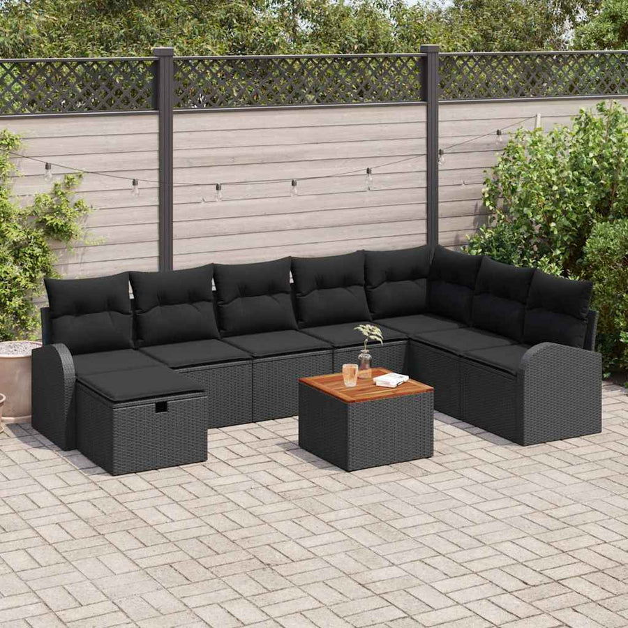 Tuinbankenset met kussen met opslag 9 pcs Zwart Poly riet