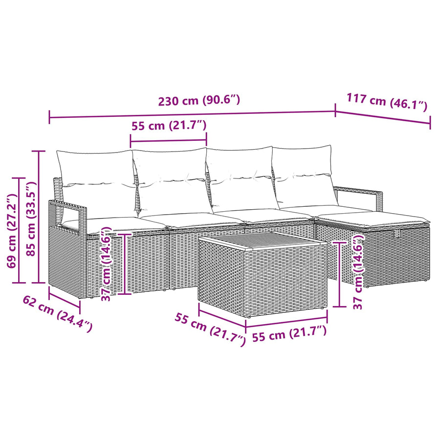 Tuinbankenset met kussen met opslag 6 pcs Grijs Poly riet