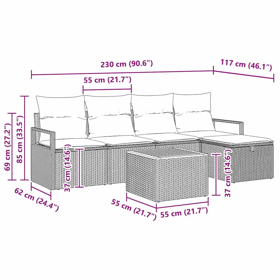 Tuinbankenset met kussen met opslag 6 pcs Beige Poly riet