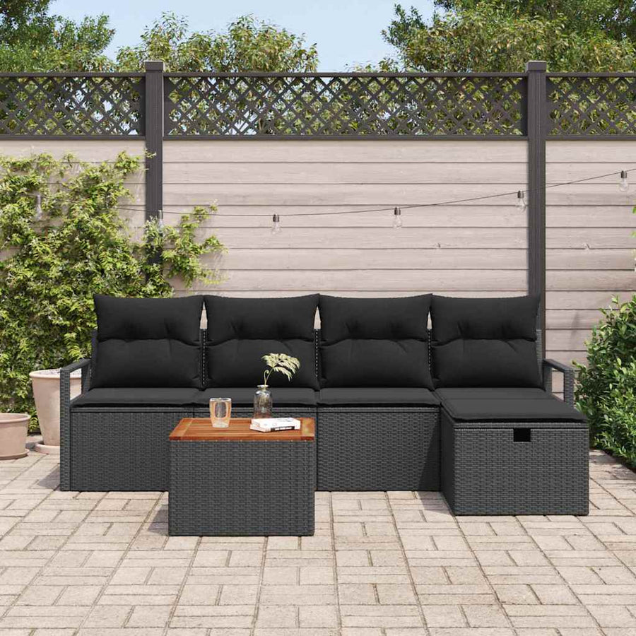 Tuinbankenset met kussen met opslag 6 pcs Zwart Poly riet