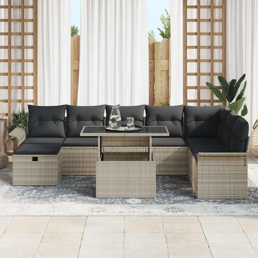Tuin Sofa Set met kussen met opslag 9 pcs Lichtgrijs Poly riet