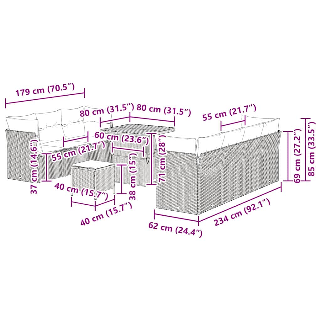Tuinbankenset 10 pcs Grijs poly rattan