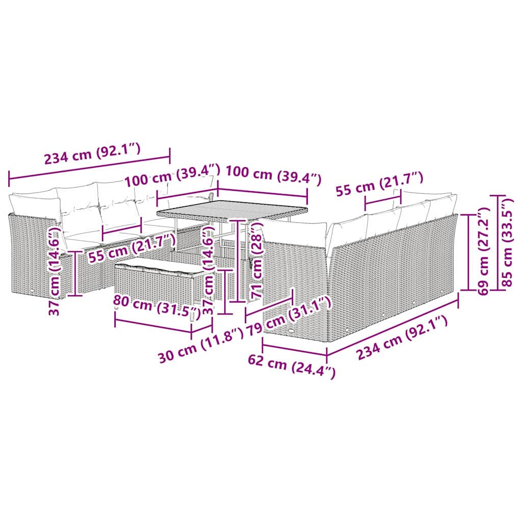 Tuinbankenset 11 pcs Grijs poly rattan