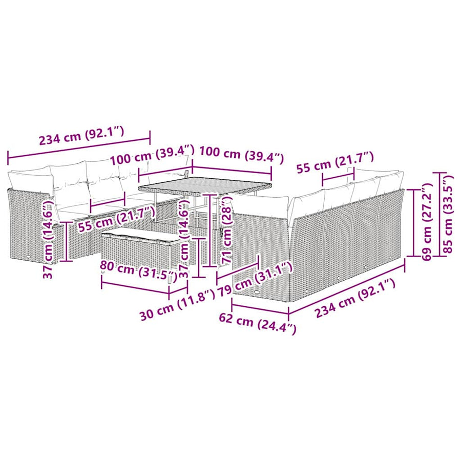 Tuinbankenset 11 pcs Grijs poly rattan