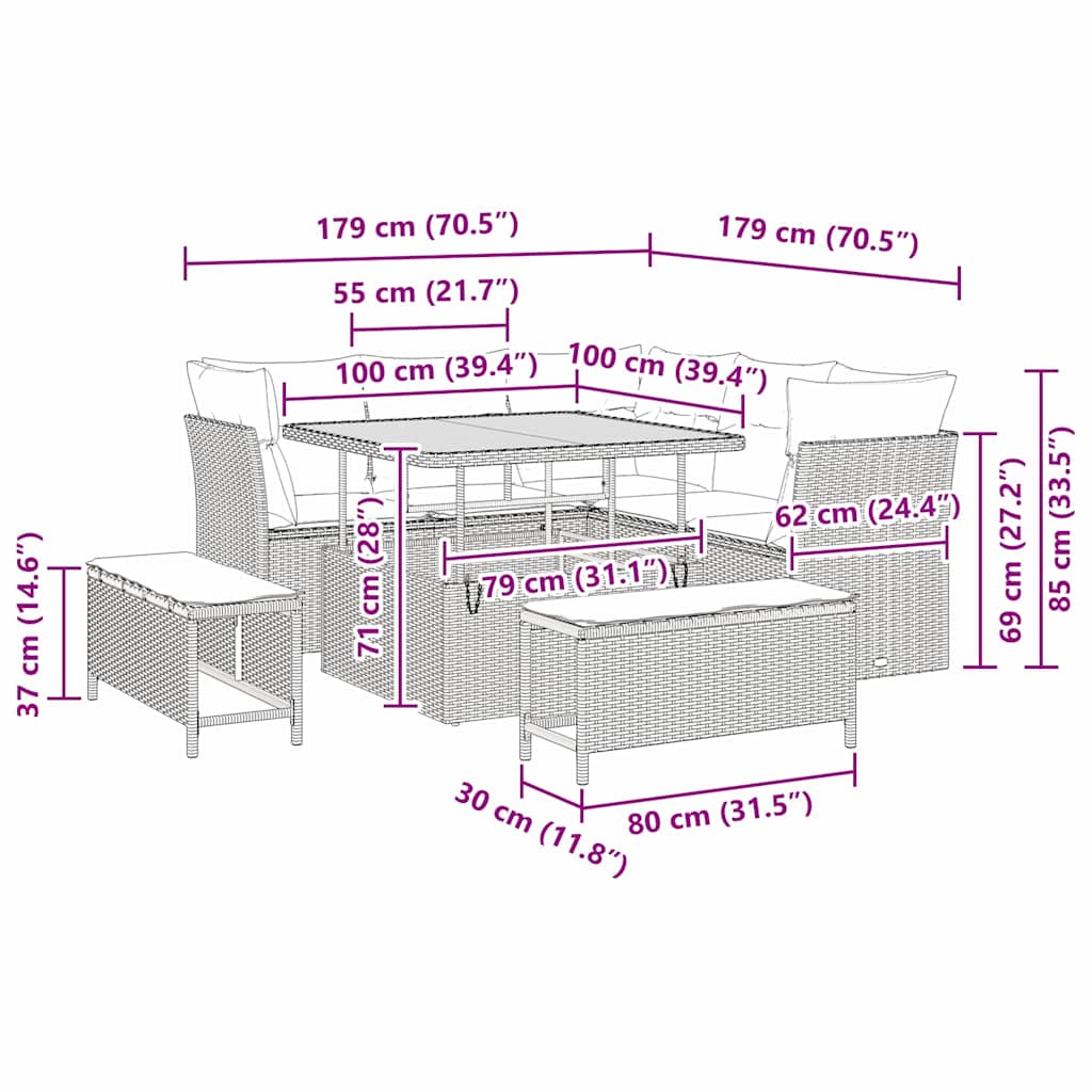 Tuinbankenset 8 pcs Zwart poly rattan