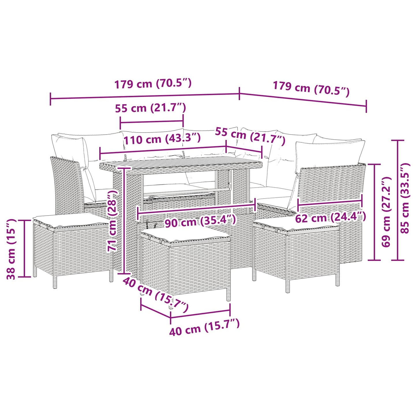 Tuinbankenset 9 pcs Zwart poly rattan