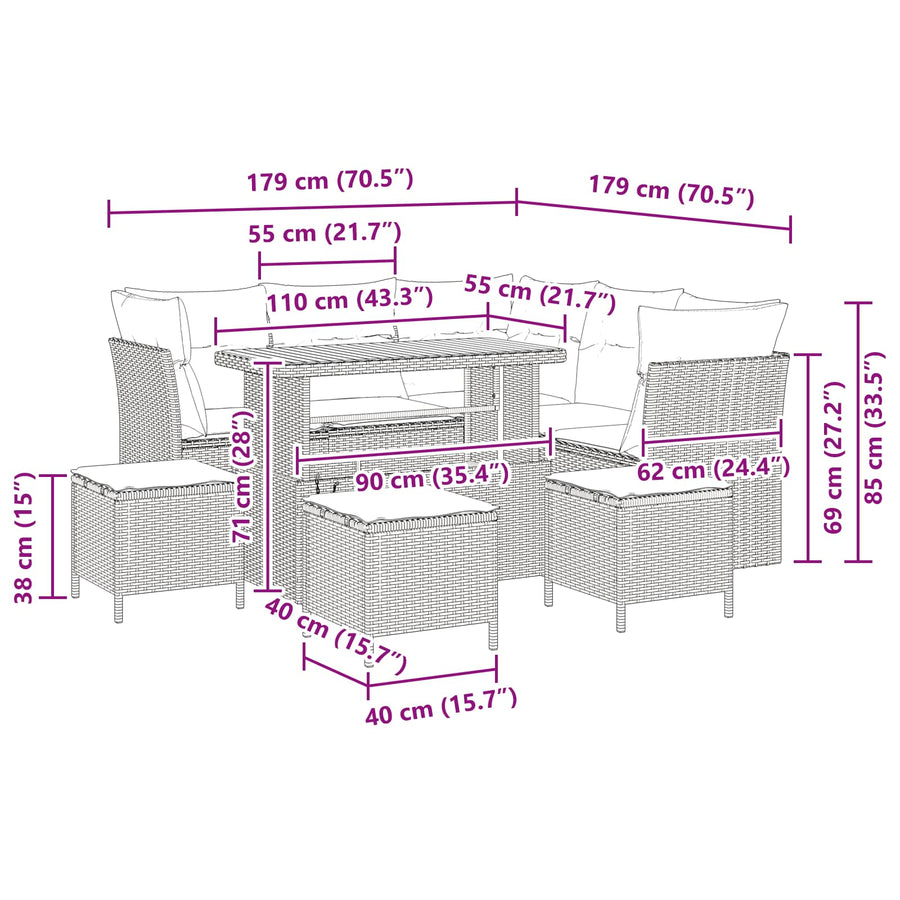 Tuinbankenset 9 pcs Zwart poly rattan