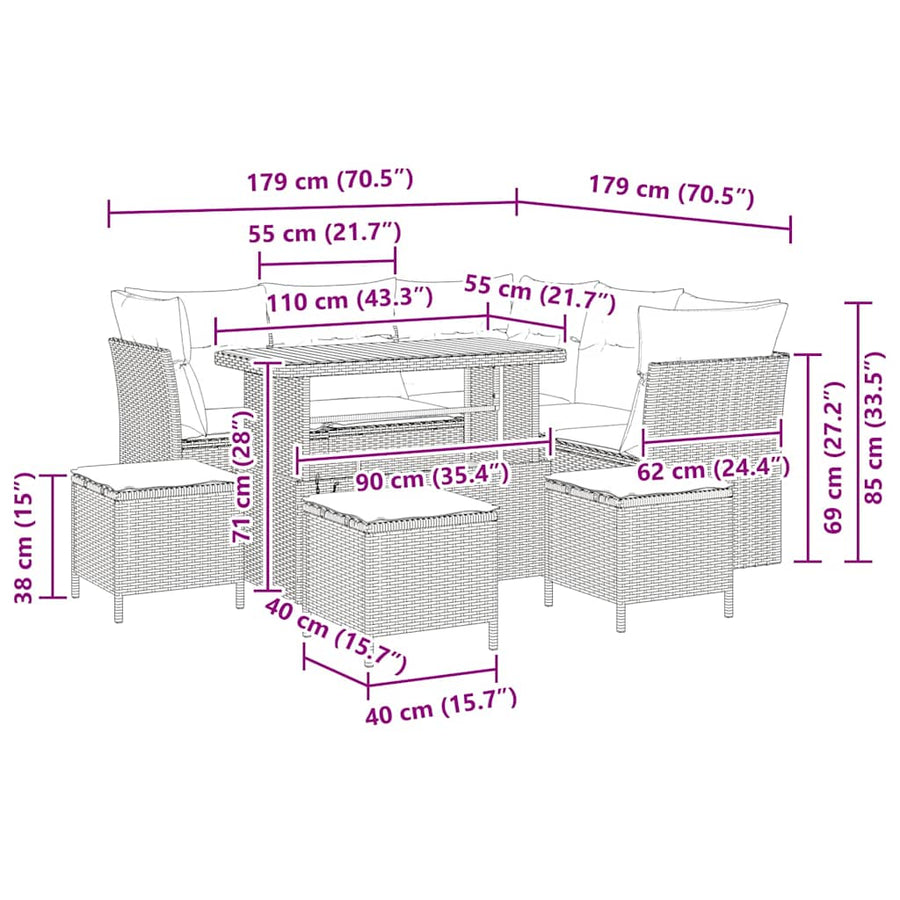 Tuinbankenset 9 pcs Zwart poly rattan