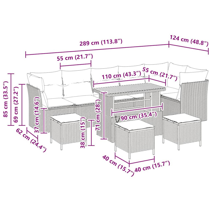 Tuinbankenset 10 pcs Grijs poly rattan