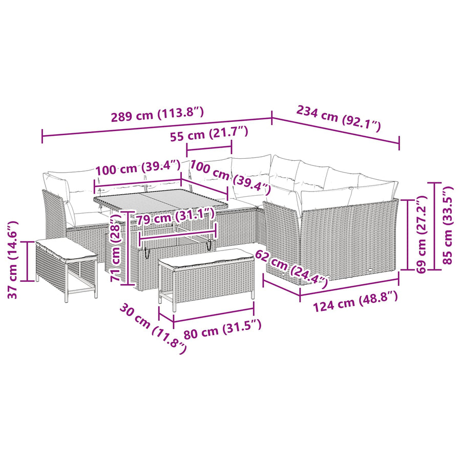 Tuinbankenset 12 pcs Zwart poly rattan