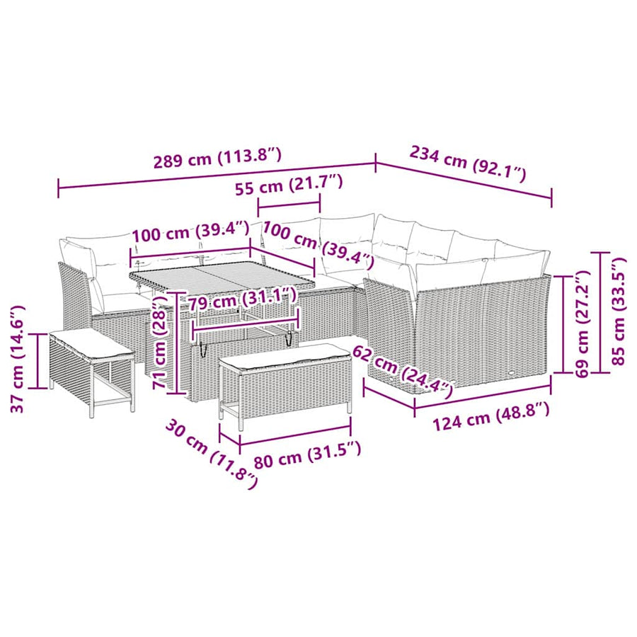 Tuinbankenset 12 pcs Zwart poly rattan
