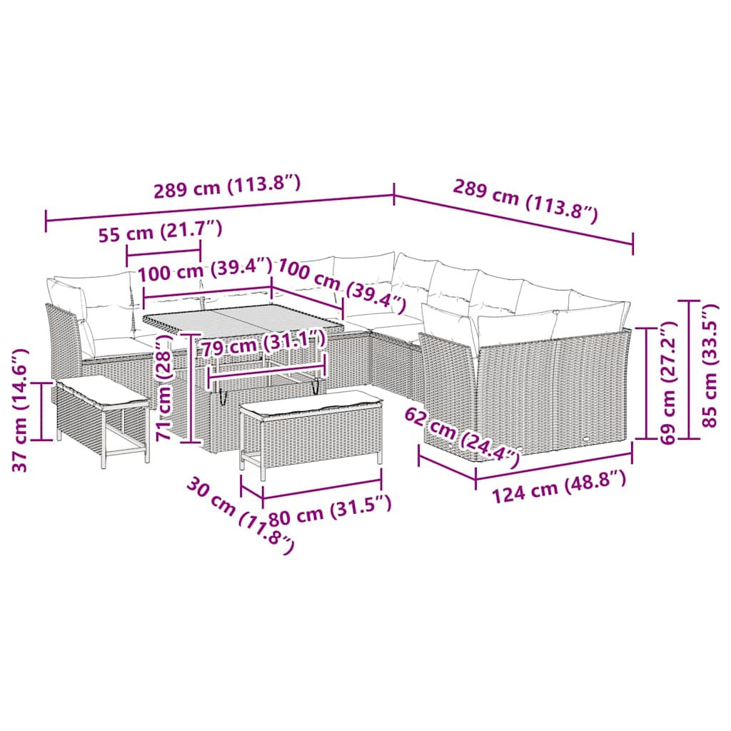 Tuinbankenset 13 pcs Grijs poly rattan
