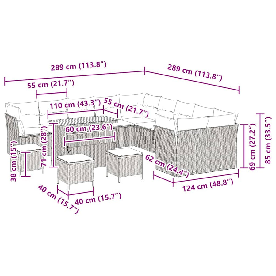 Tuinbankenset 14 pcs Zwart poly rattan