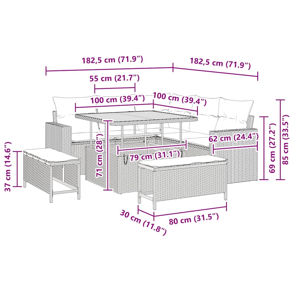 Tuinbankenset 8 pcs Zwart poly rattan