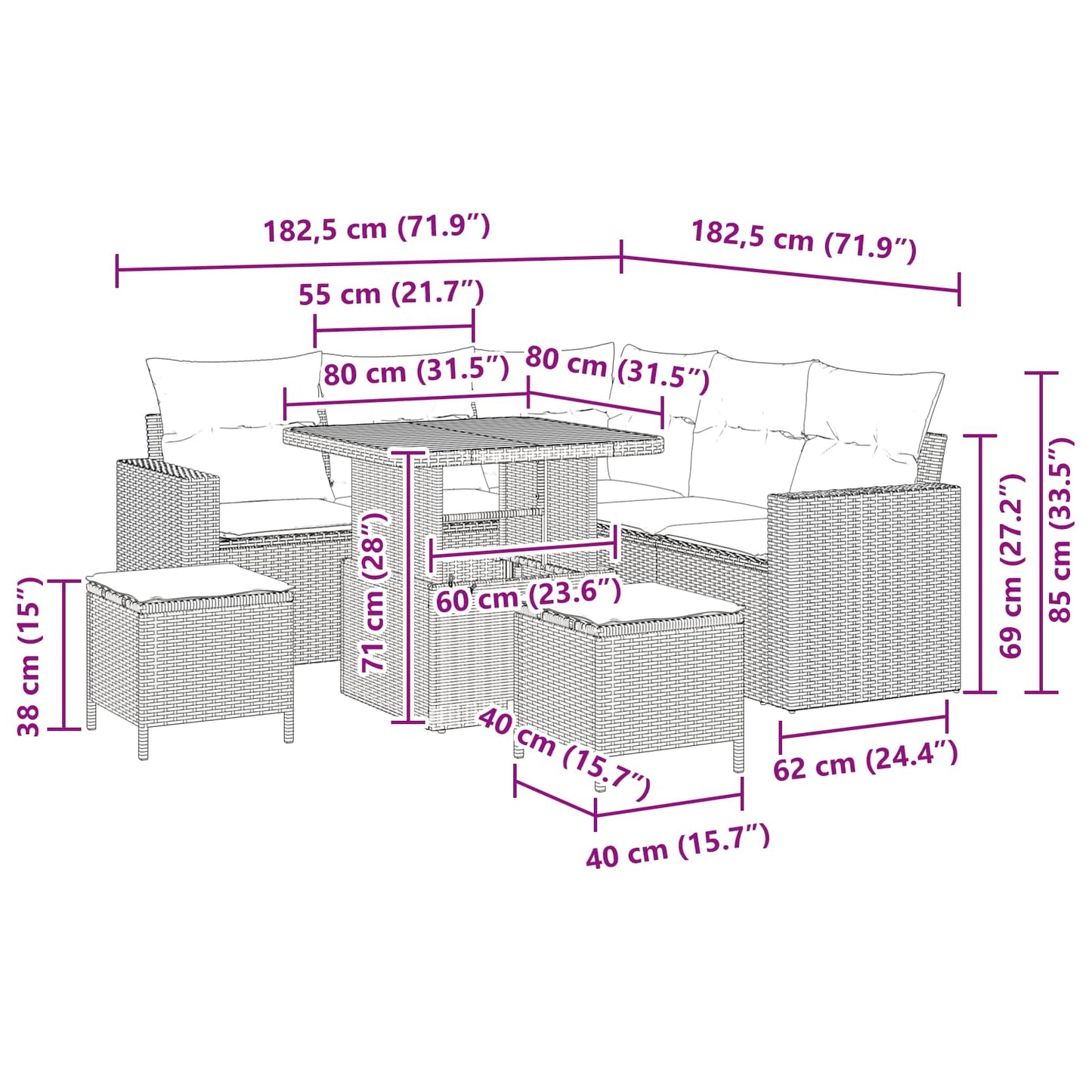 Tuinbankenset 8 pcs Zwart poly rattan
