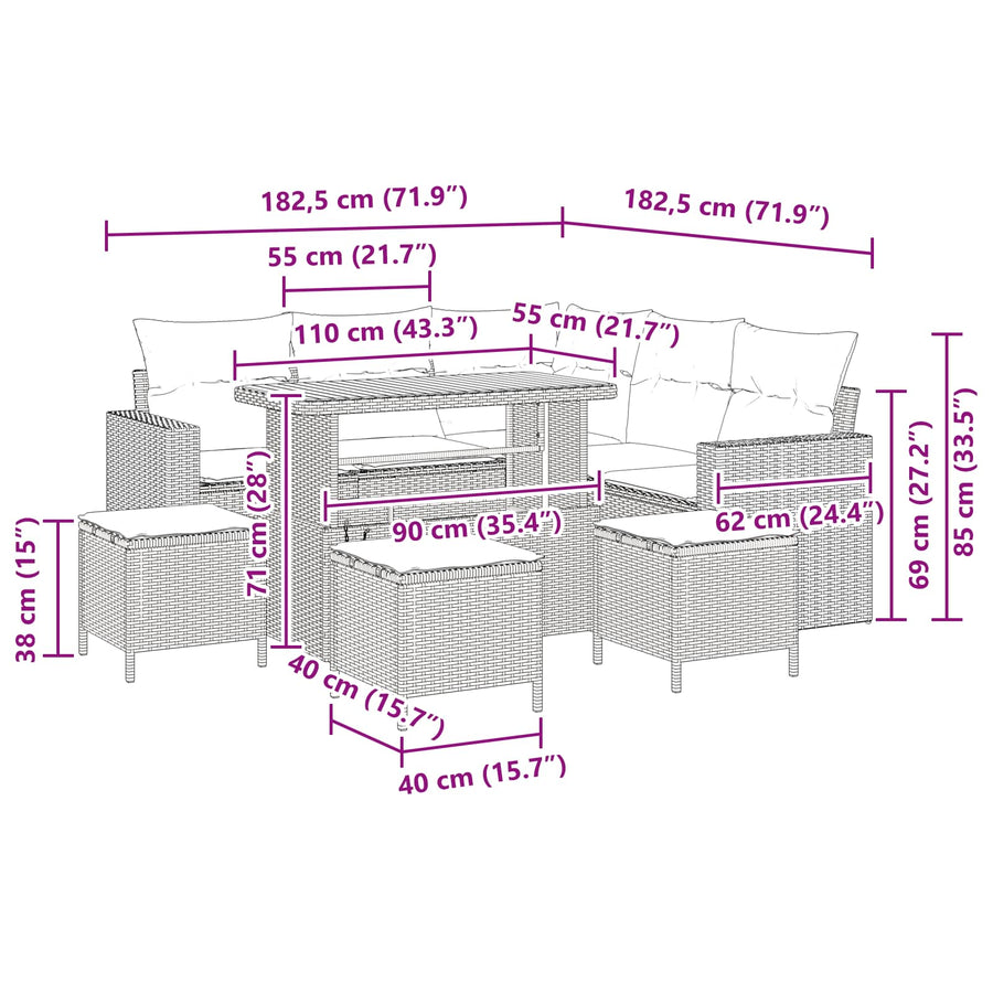 Tuinbankenset 9 pcs Zwart poly rattan