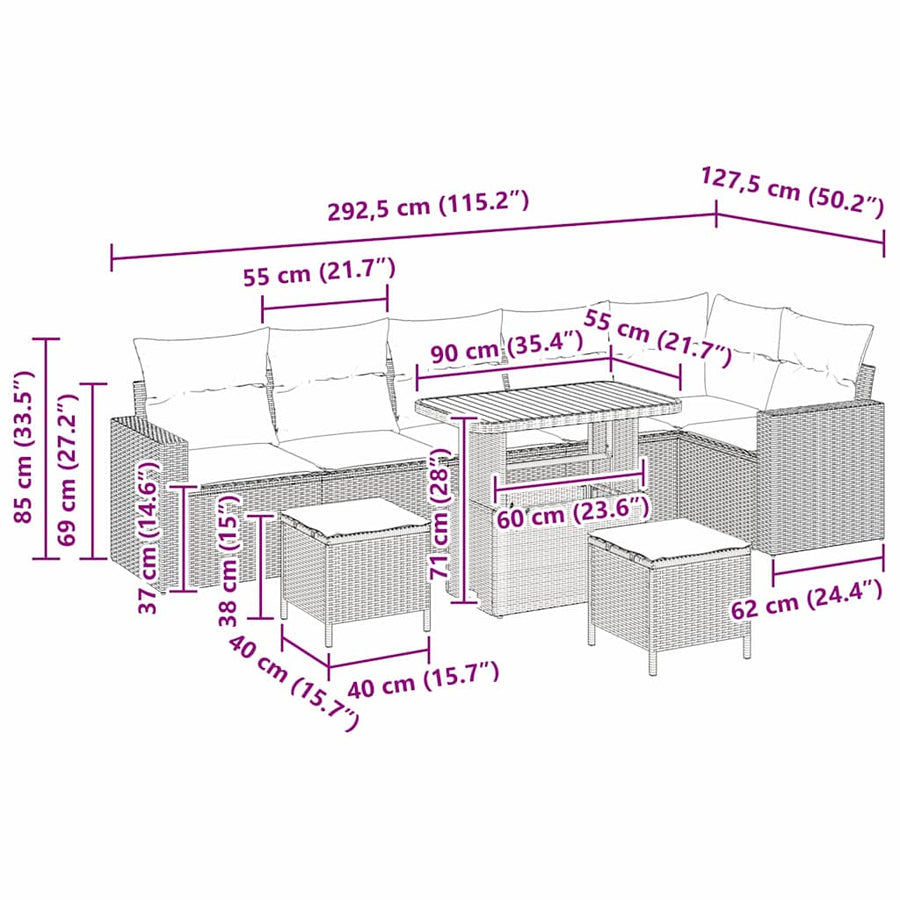 Tuinbankenset 9 pcs Beige poly rattan