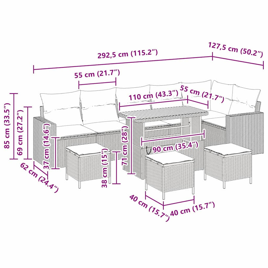 Tuinbankenset 10 pcs Beige poly rattan