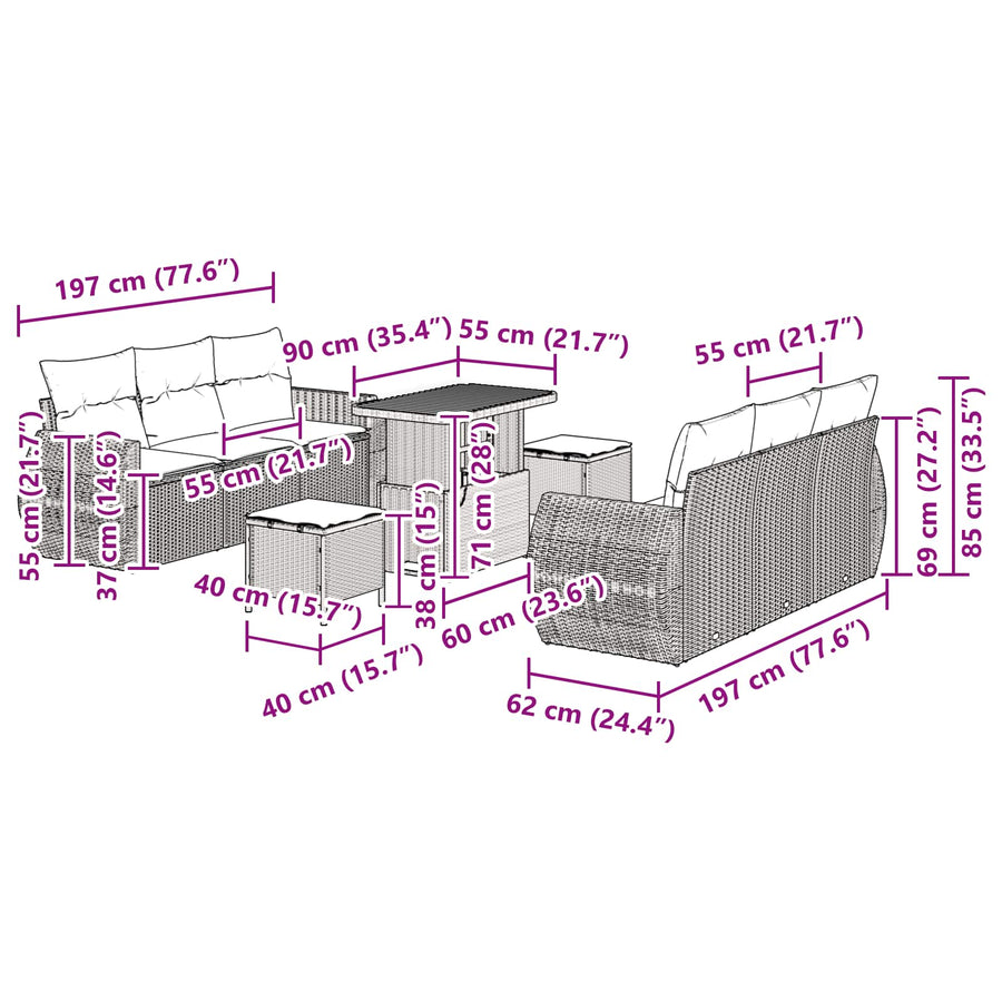 Tuin Sofa Set met kussen met opslag 9 pcs Zwart poly rattan