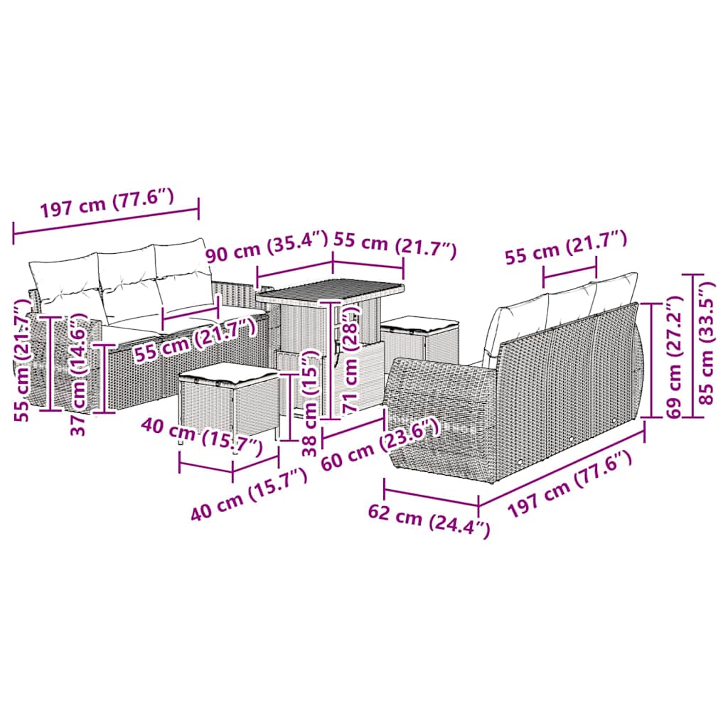 Tuin Sofa Set met kussen met opslag 9 pcs Zwart poly rattan