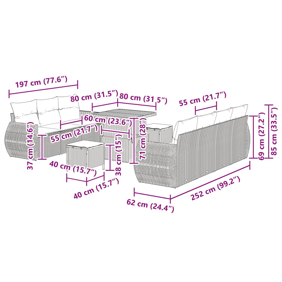 Tuin Sofa Set met kussen met opslag 10 pcs Zwart poly rattan