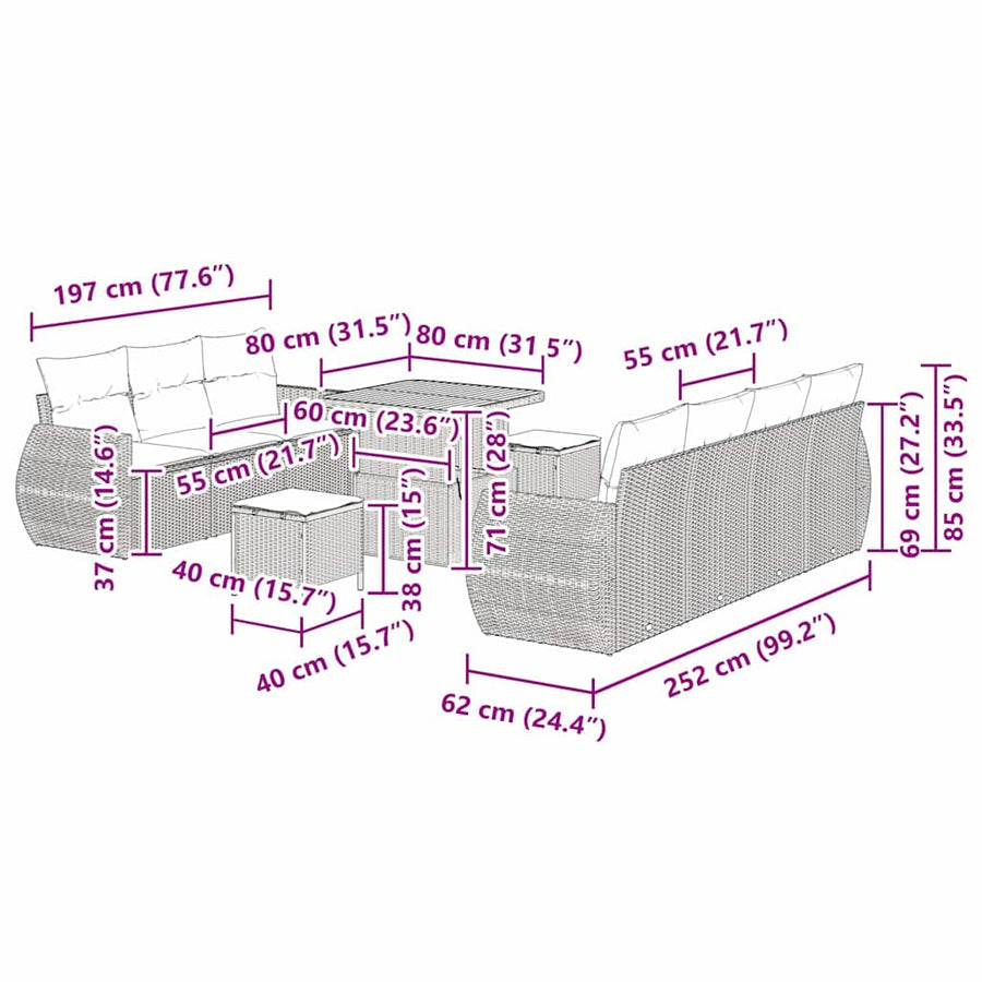 Tuin Sofa Set met kussen met opslag 10 pcs Grijs poly rattan