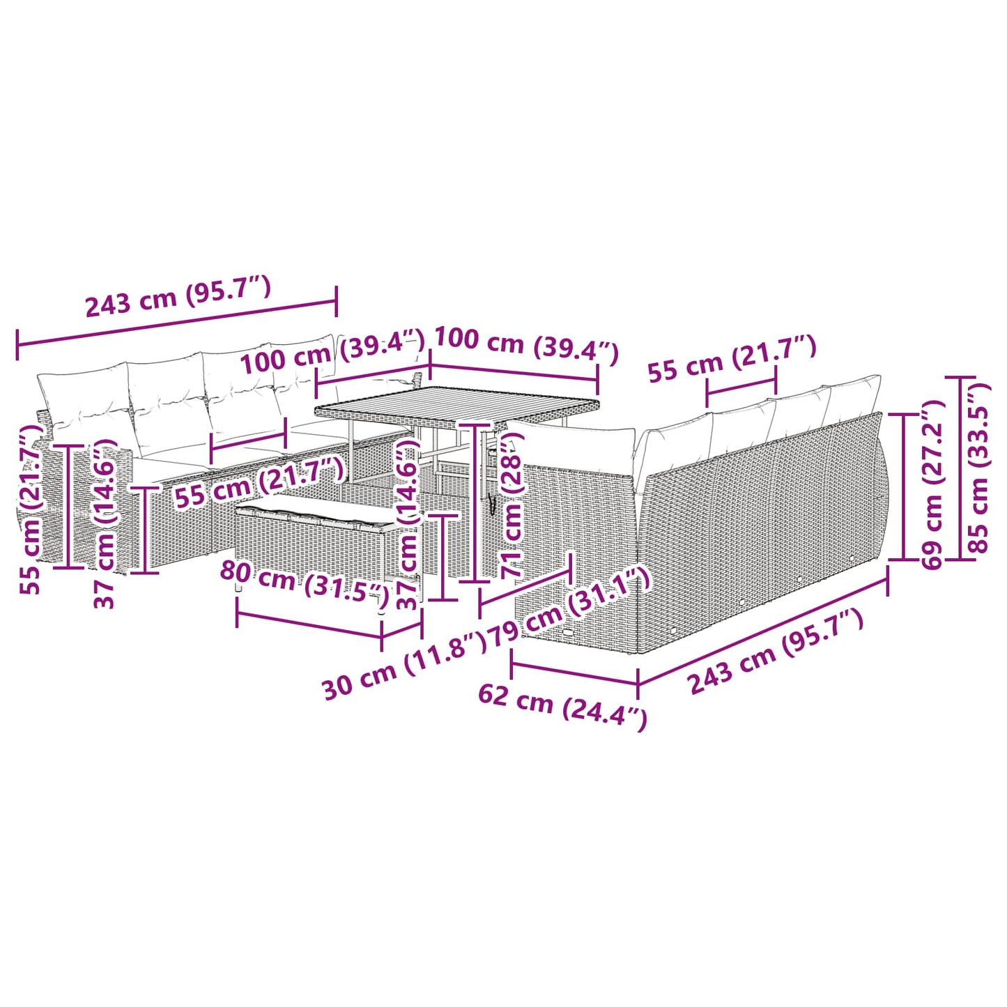 Tuin Sofa Set met kussen met opslag 11 pcs Zwart poly rattan