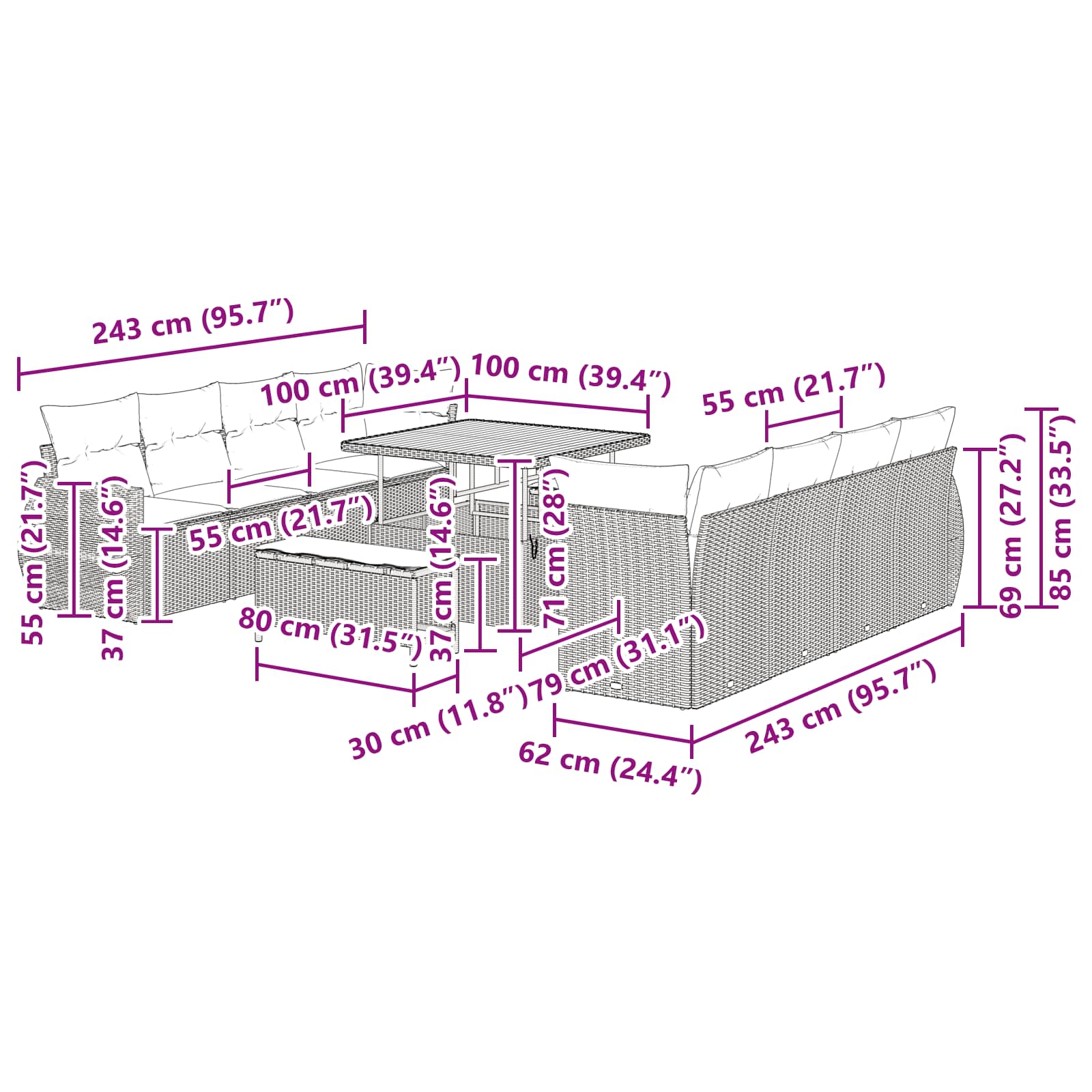Tuin Sofa Set met kussen met opslag 11 pcs Zwart poly rattan
