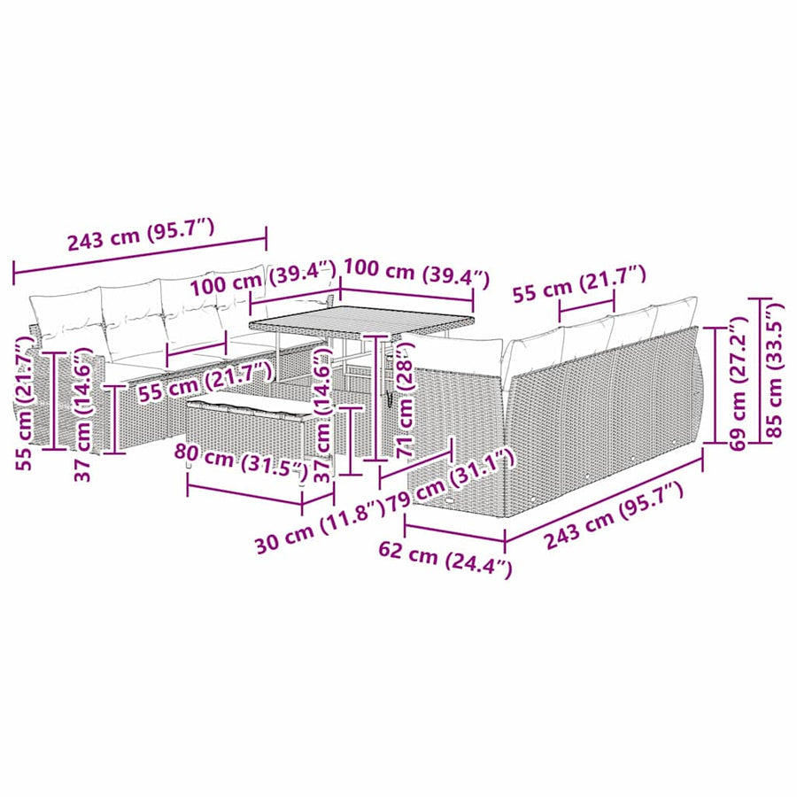 Tuin Sofa Set met kussen met opslag 11 pcs Grijs poly rattan