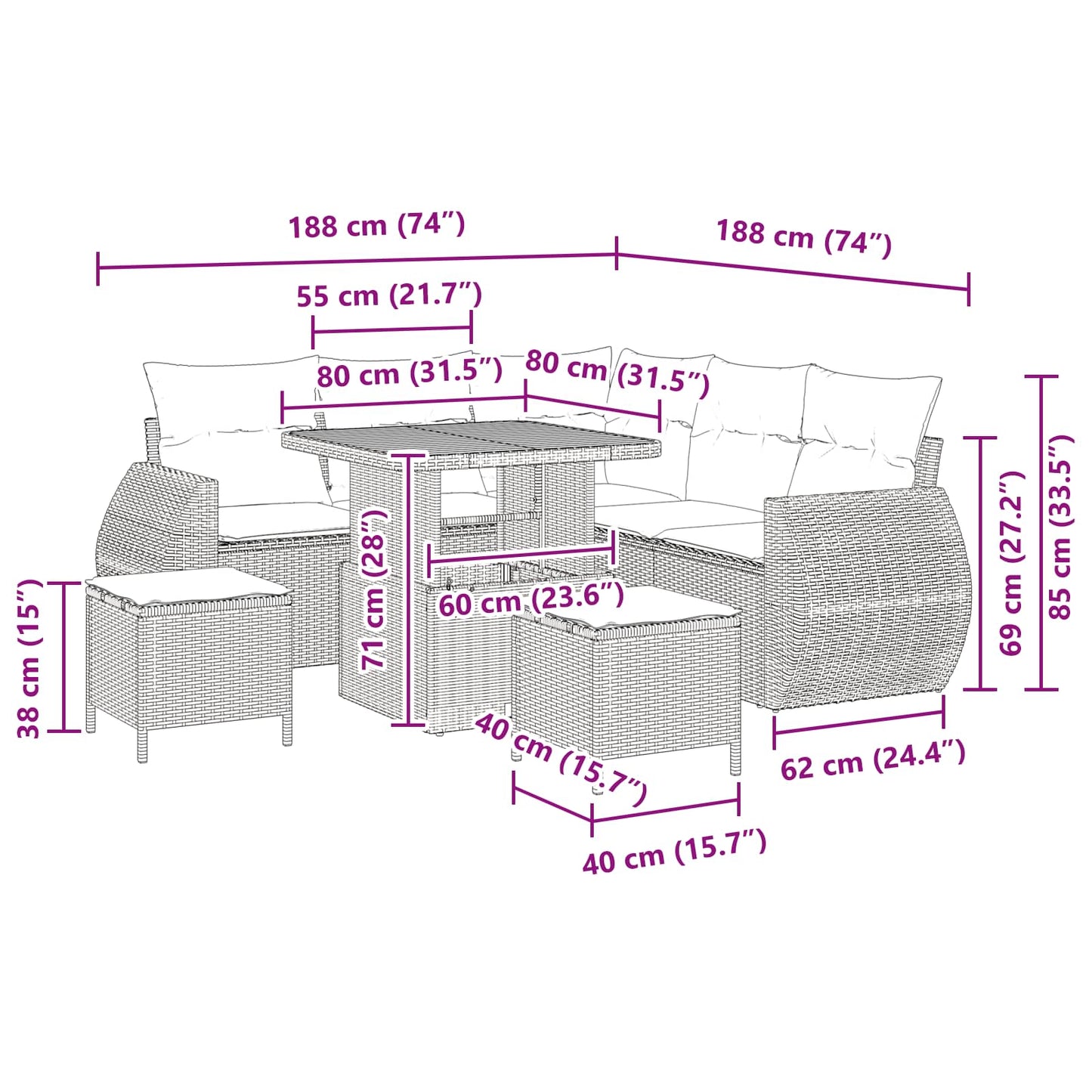 Tuinbankenset 8 pcs Zwart poly rattan