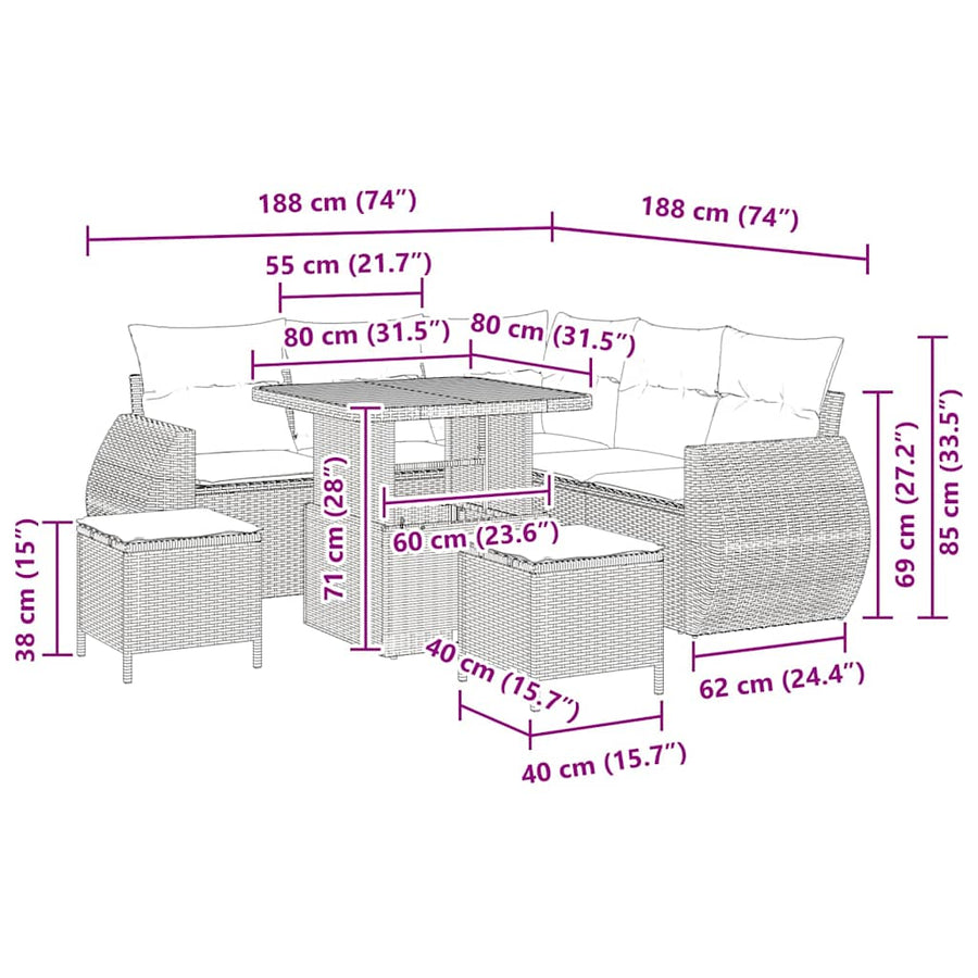 Tuinbankenset 8 pcs Zwart poly rattan