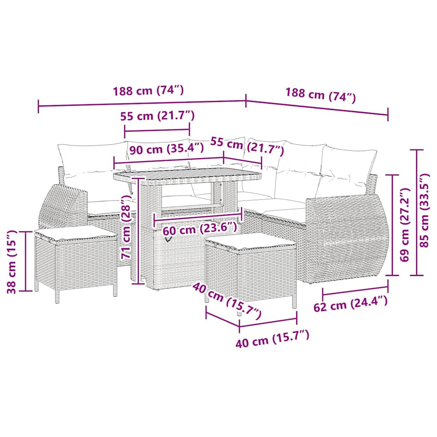 Tuinbankenset 8 pcs Beige poly rattan