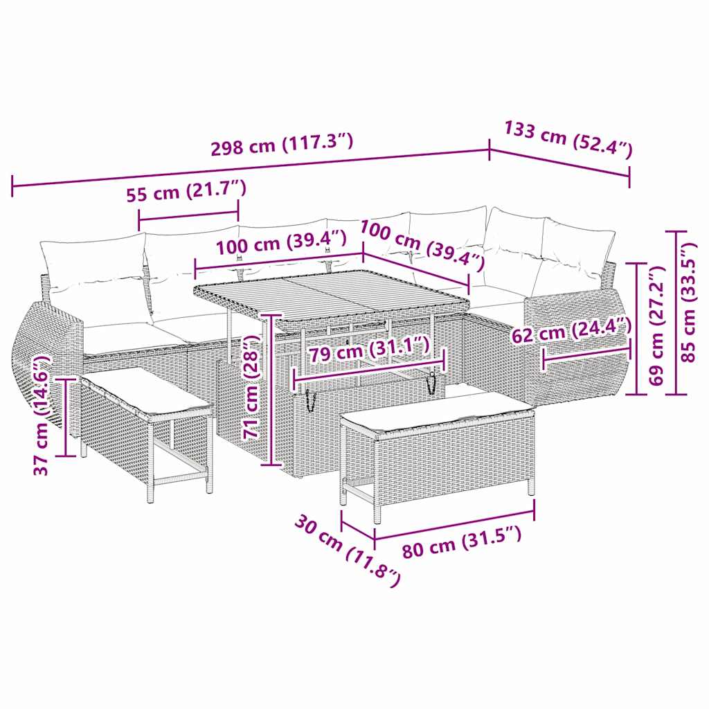 Tuinbankenset 9 pcs Zwart poly rattan