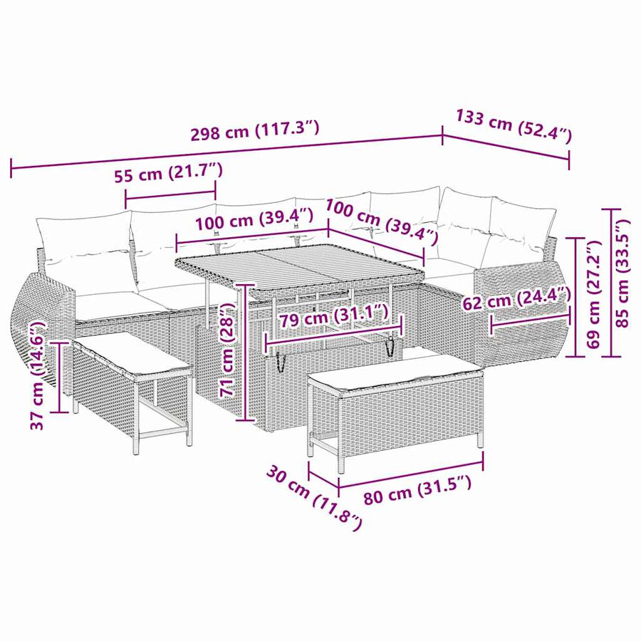 Tuinbankenset 9 pcs Grijs poly rattan