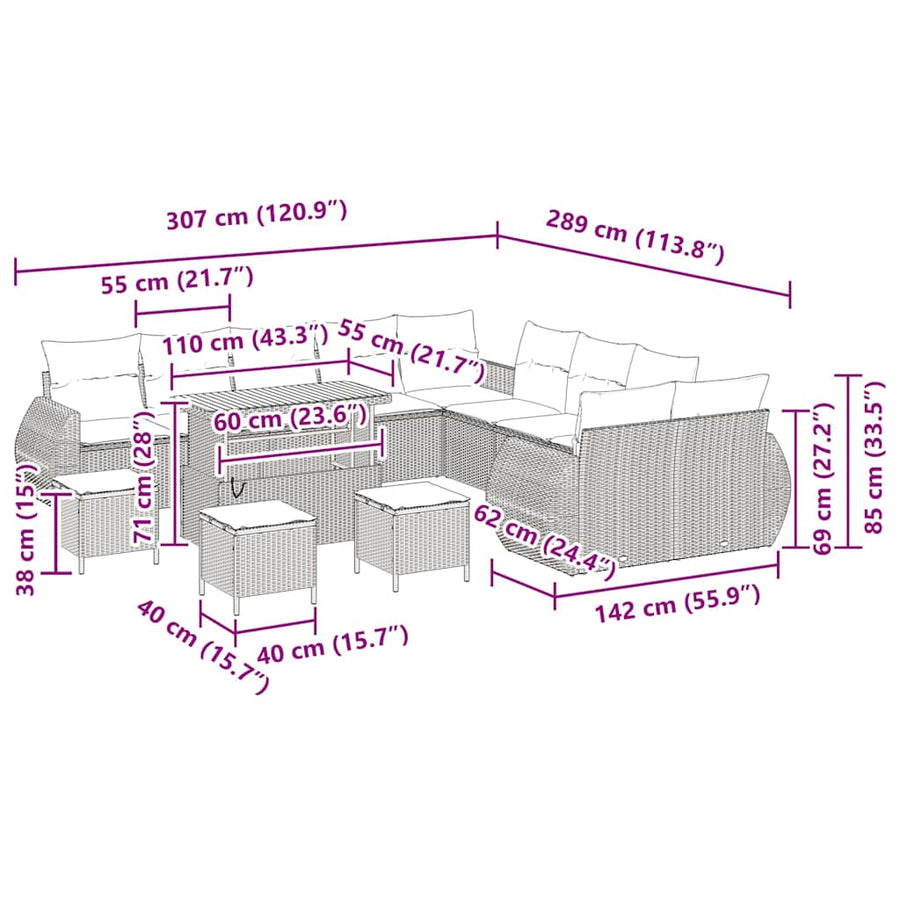 Tuinbankenset 14 pcs Grijs poly rattan