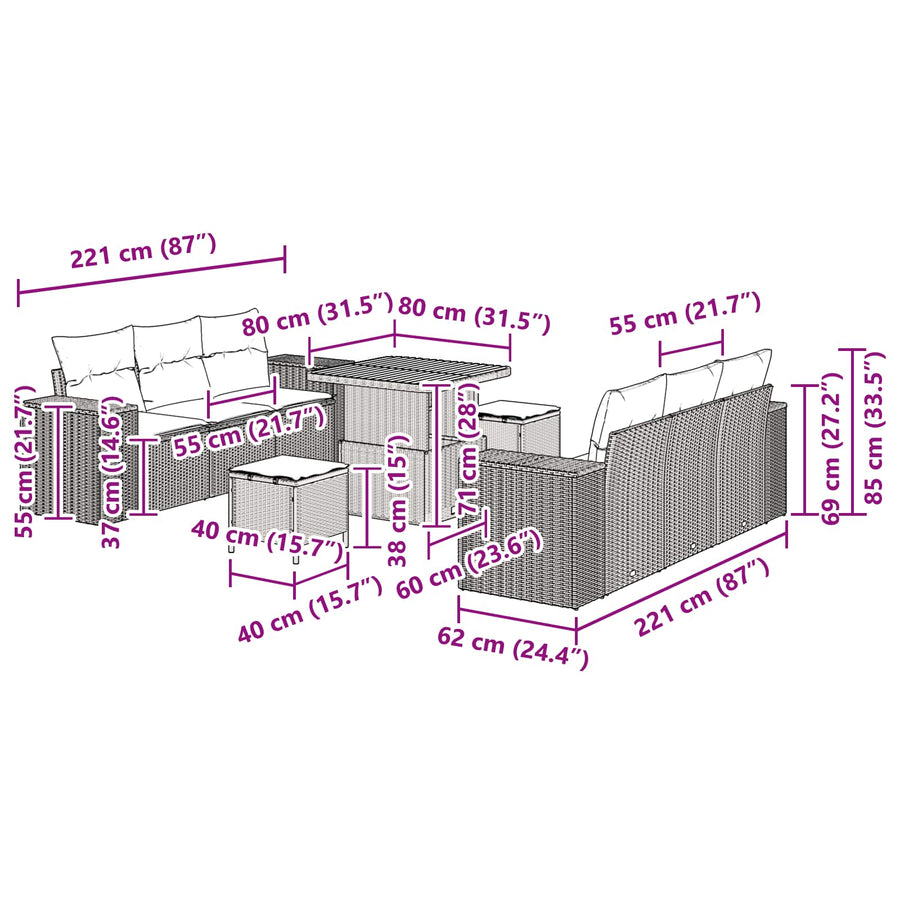 Tuin Sofa Set met kussen 9 pcs Zwart Poly riet