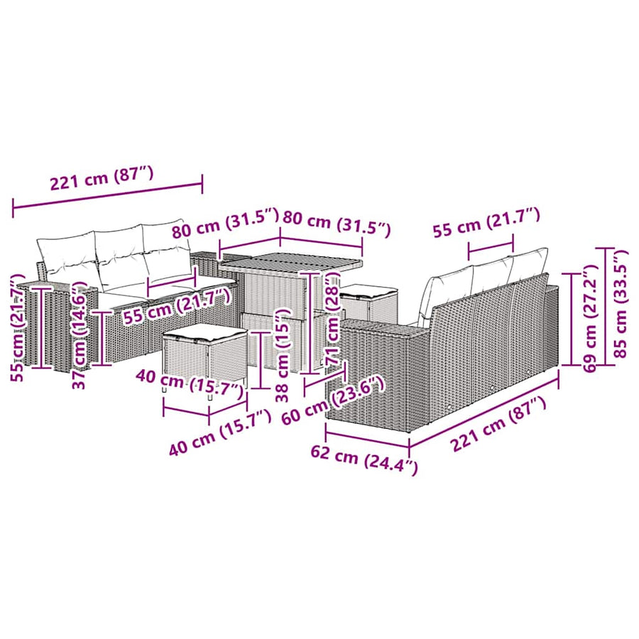 Tuin Sofa Set met opslag 9 pcs Grijs Poly riet