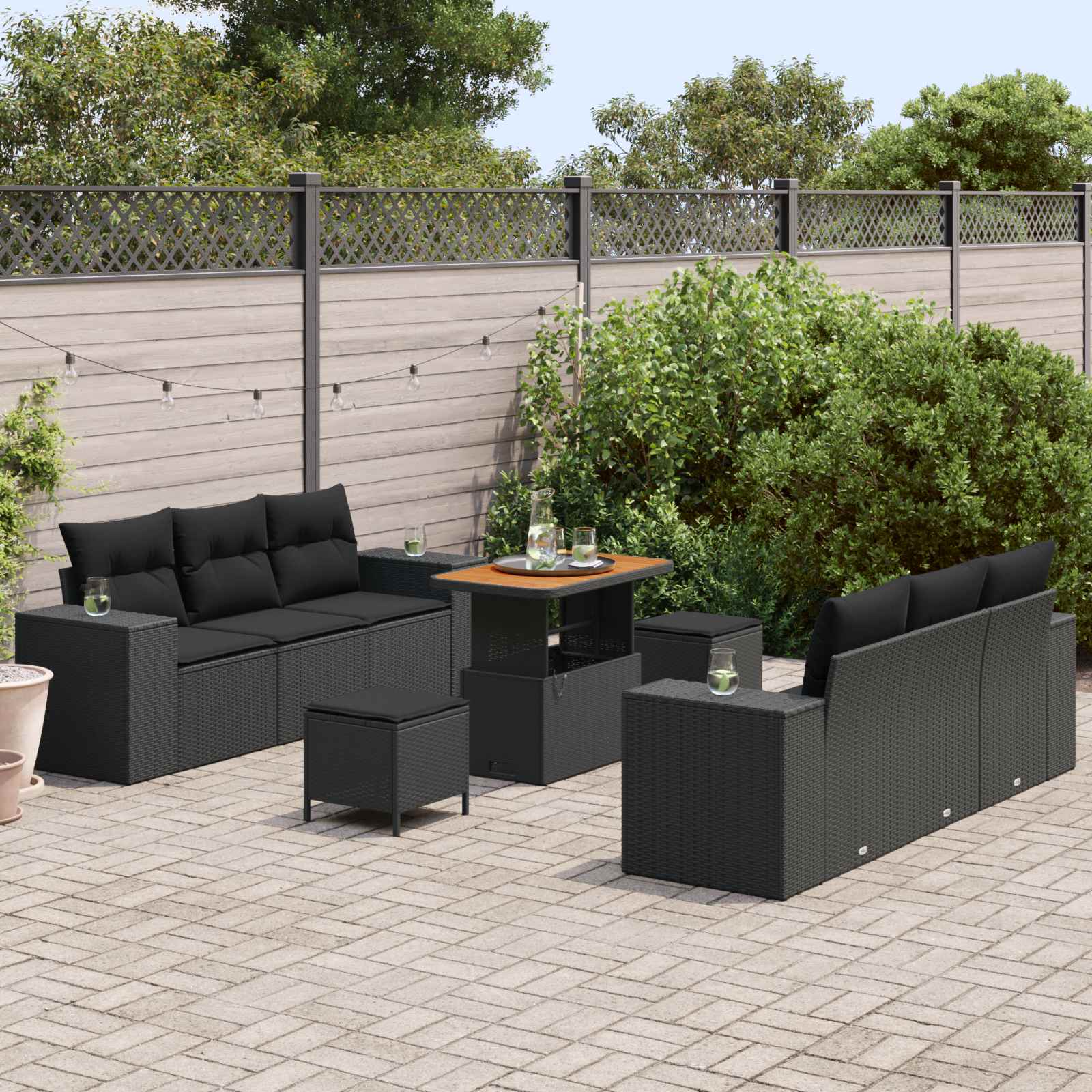 Tuin Sofa Set met kussen 9 pcs Zwart Poly riet