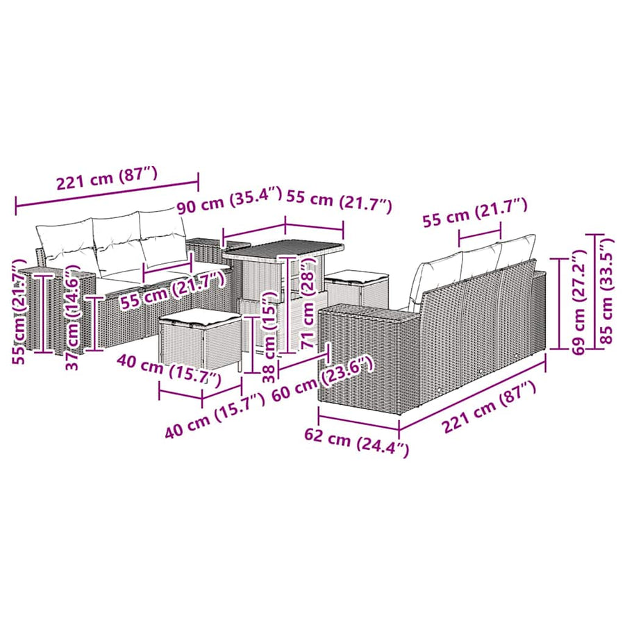 Tuin Sofa Set met opslag 9 pcs Zwart Poly riet