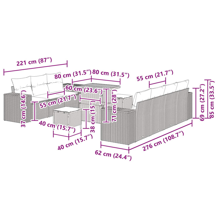 Tuin Sofa Set 10 pcs Zwart poly rattan