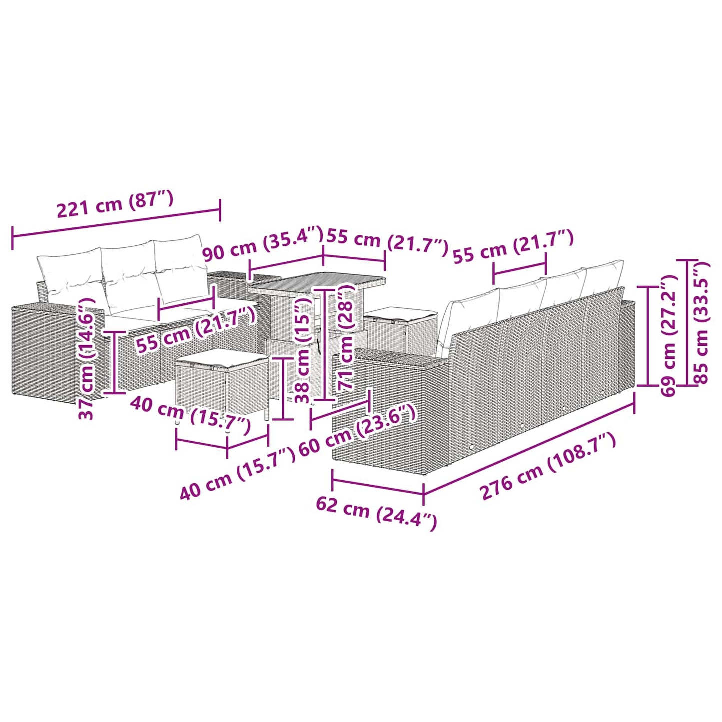 Tuin Sofa Set 10 pcs Zwart poly rattan