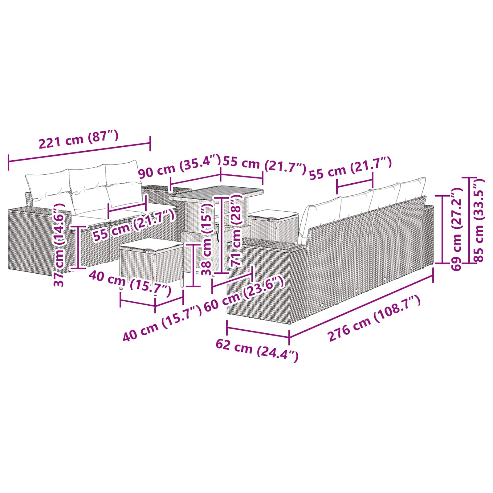 Tuin Sofa Set 10 pcs Zwart poly rattan