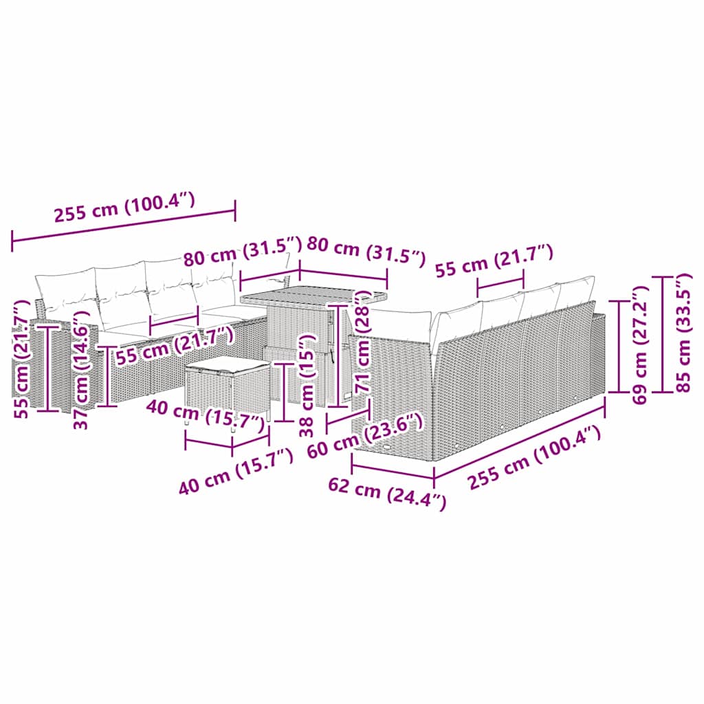 Tuin Sofa Set met kussen 11 pcs Zwart poly rattan