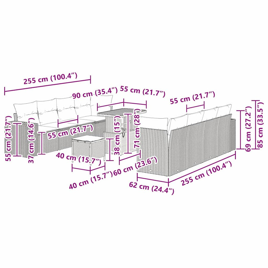 Tuin Sofa Set met kussen 11 pcs Zwart poly rattan
