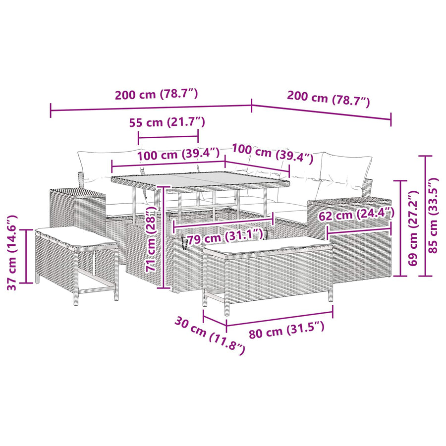 Tuin Sofa Set met kussen 8 pcs Zwart poly rattan